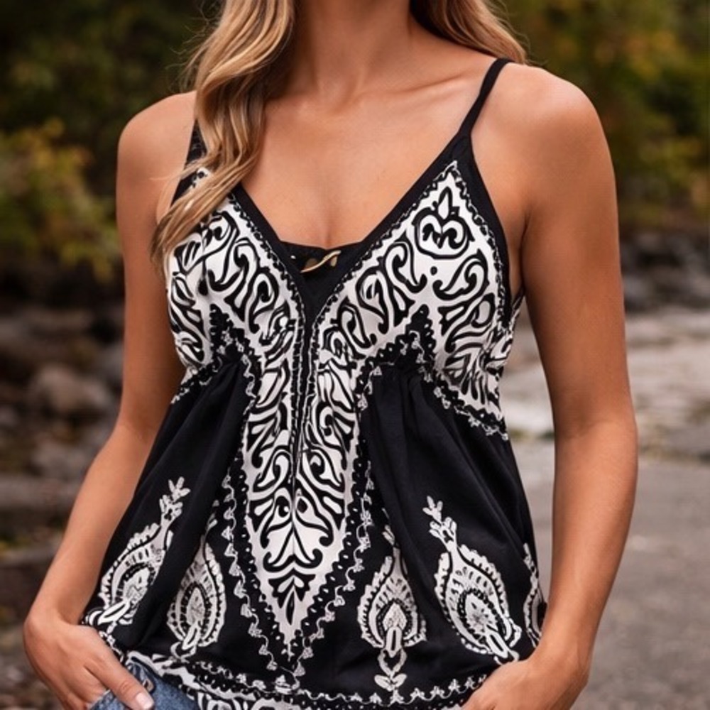Advance Apparels Black White Paisley Mini Dress Rayon Adjustable Boho Summer O/S